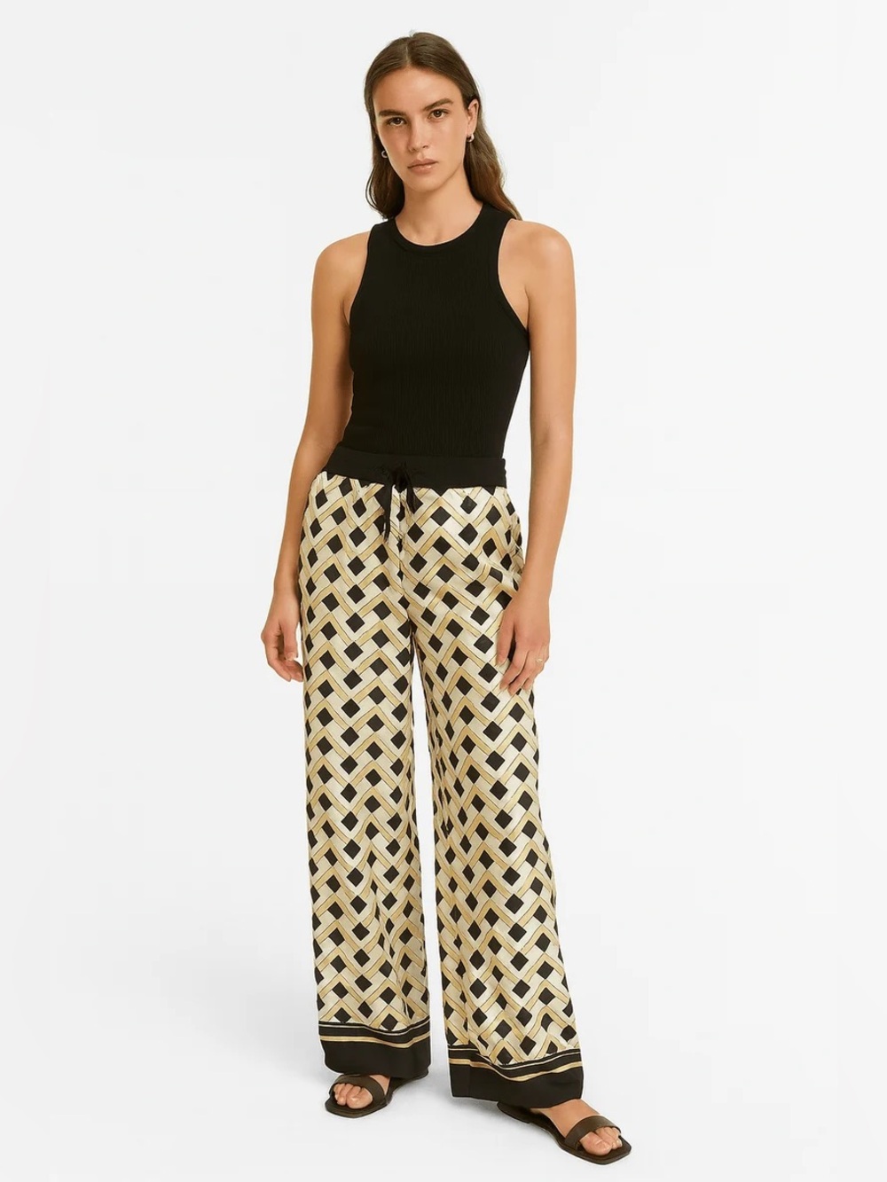 MANGO Geometric Print Satin Wide Leg Pants Size Small NWT